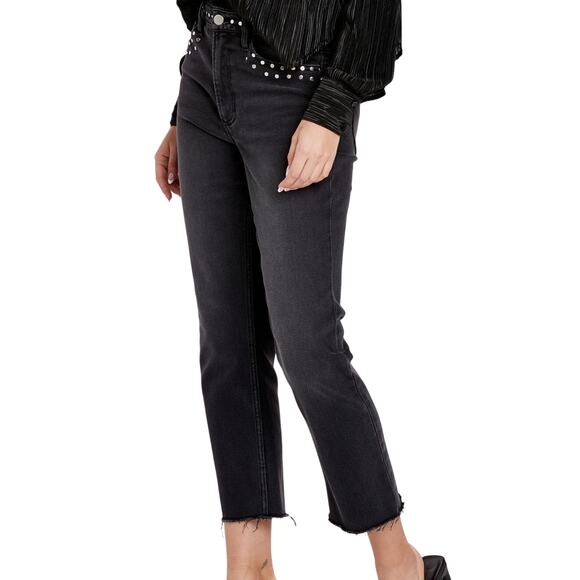Dear John Frankie Black Denim Studded High Rise Straight Leg Frayed Crop Jeans - Picture 2 of 11